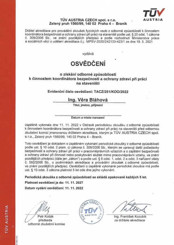 Osvědčení – Koordinátor BOZP